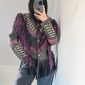 Vintage Leather Jacket with Purple and Black Fringe XS